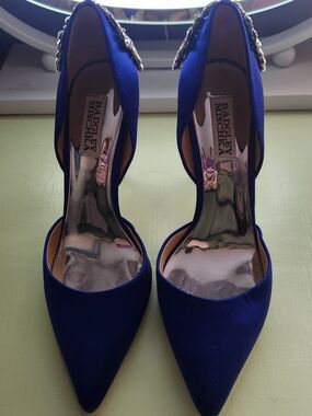 Badgley Mischka Royal Blue Satin Pointed-Toe Jeweled D'Orsay Heels